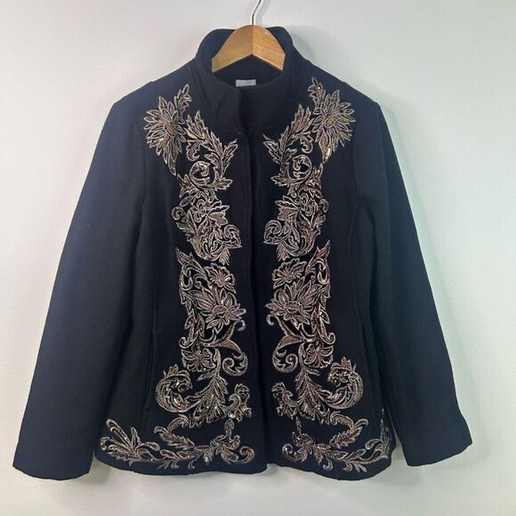 Chico’s Black Wool‎ Sequin Embellished Beaded  Jacket Coat Dressy Size 2 (L) - Picture 1 of 8